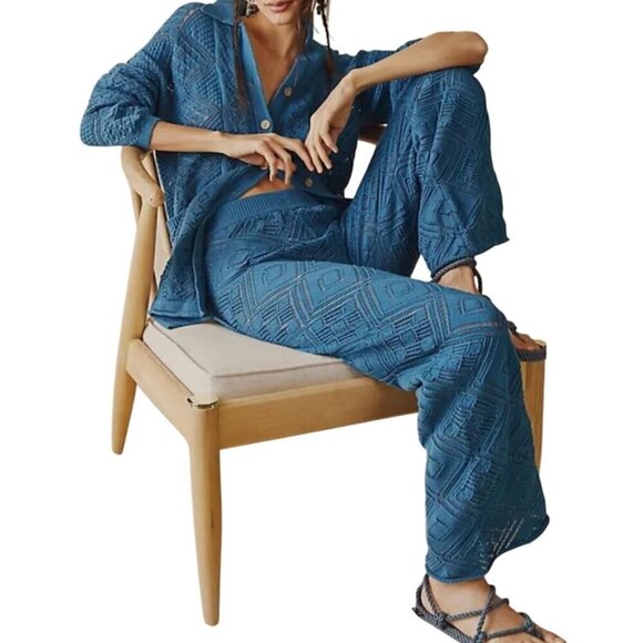 Free People Beach Med Get Away Fauxchet Cardi & Pant 2 Piece Set Peacock Plume - Picture 10 of 10